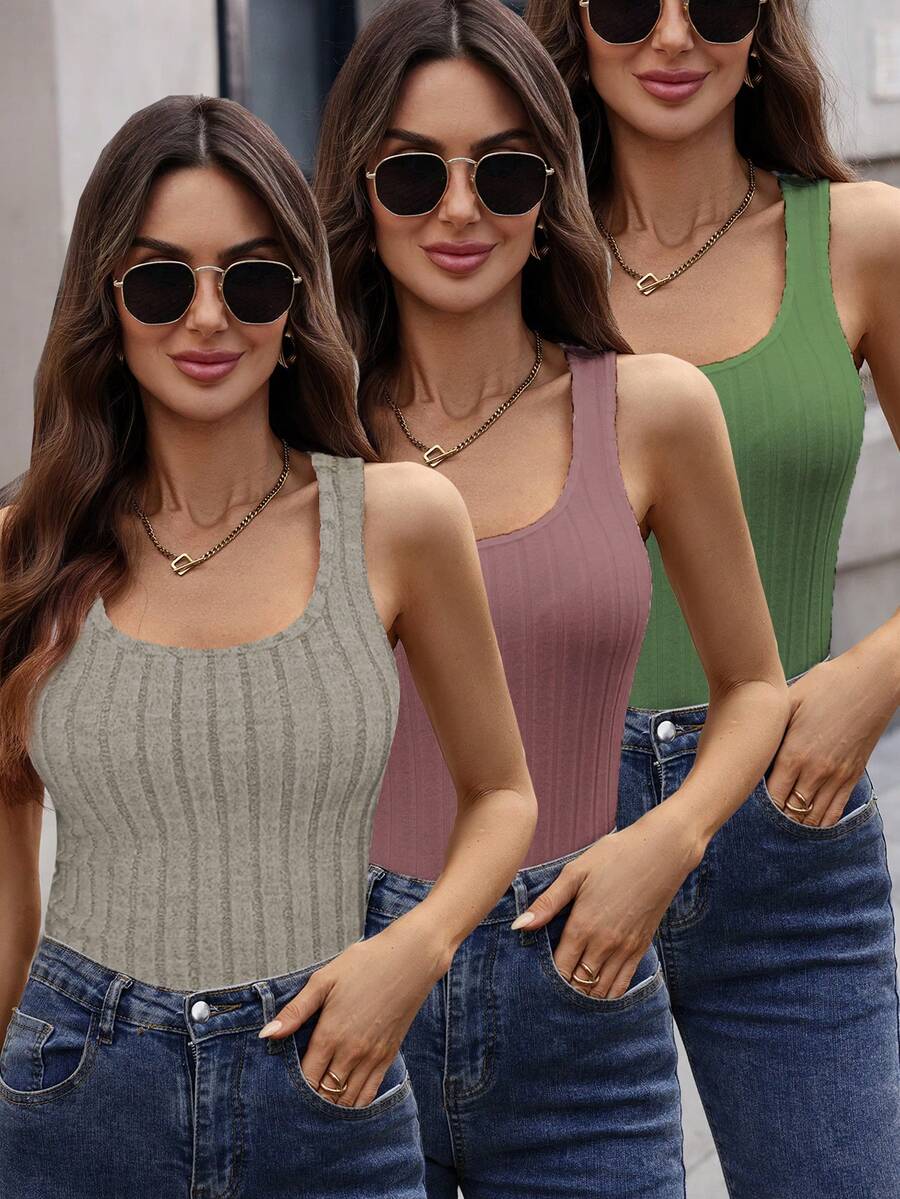 3件套女士优雅方领修身吊带背心，可作内搭或单穿 - 彩色 - 查看 1