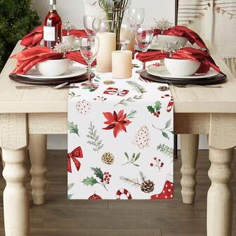 1 件新鲜圣诞红花与松枝桌旗，季节性红色雪球袜子圣诞节节日桌布，适合派对、家居、厨房装饰