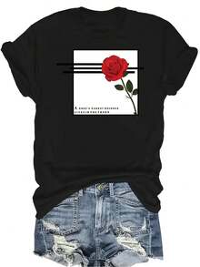 Camiseta unisex de verano casual y transpirable con diseño creativo de rosa roja y letra, cuello redondo, manga corta, estilo urbano y versátil, adecuada para adolescentes y adultos - Negro - Ver 1