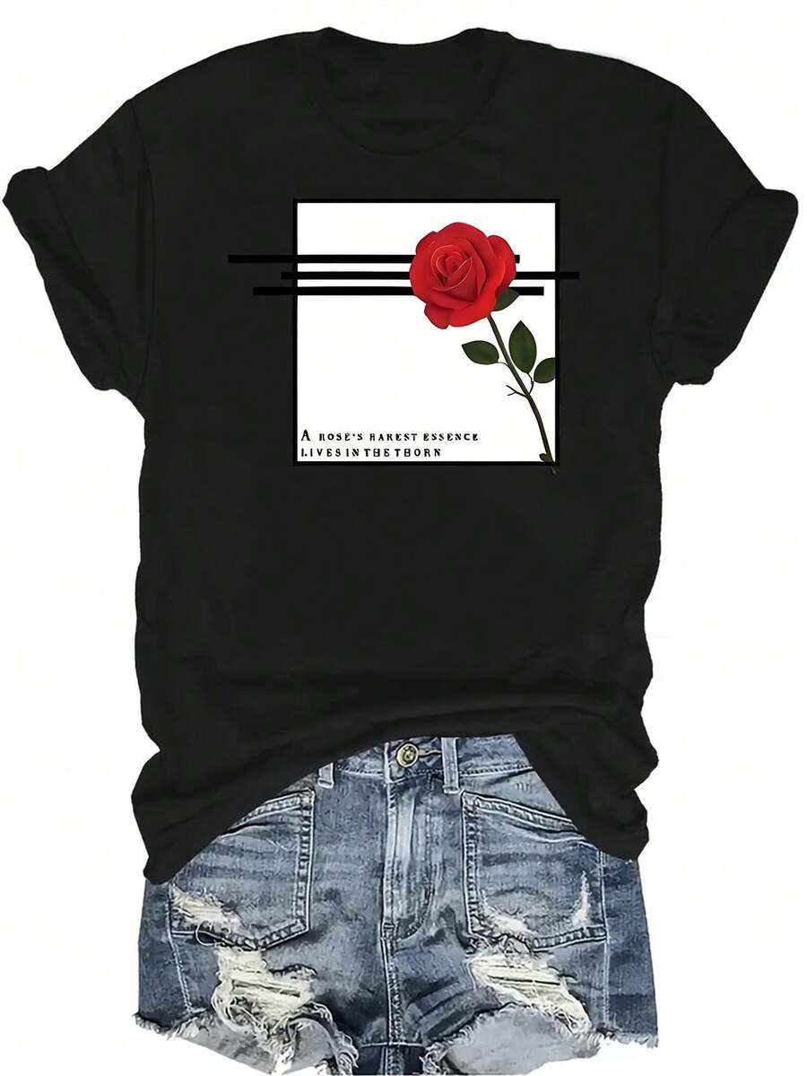 Camiseta unisex de verano casual y transpirable con diseño creativo de rosa roja y letra, cuello redondo, manga corta, estilo urbano y versátil, adecuada para adolescentes y adultos - Negro - Ver 1