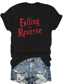 Camiseta con estampado de letras Falling In Reverse, unisex, de verano, casual, transpirable, de personalidad, cuello redondo, manga corta, ropa de calle, versátil, adecuada para adolescentes y adultos - Negro - Ver 1