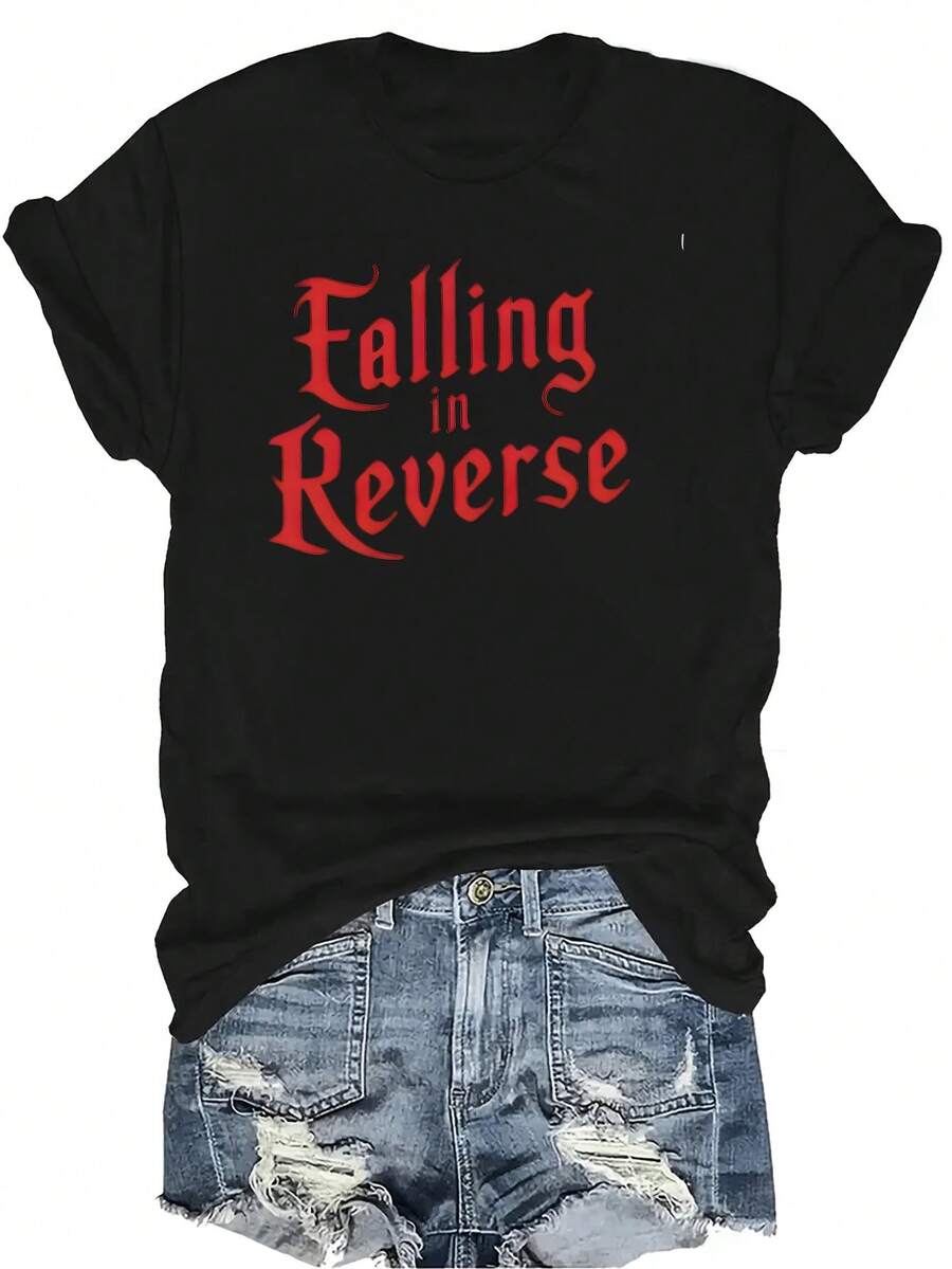 Camiseta con estampado de letras Falling In Reverse, unisex, de verano, casual, transpirable, de personalidad, cuello redondo, manga corta, ropa de calle, versátil, adecuada para adolescentes y adultos - Negro - Ver 1