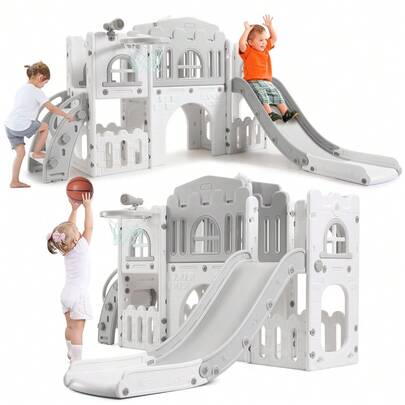 8-In-1 Indoor Toddler Playground With Slide, Outdoor Toddler Play Set For Ages 1 To 3, Kids Playground With Basketball Hoop,Climber,Crawling Tunnel,Telescope And Toy Storage