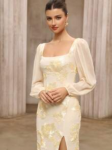 D&M 女士网纱刺绣雪纺方领露背长袖开衩下摆晚礼服，适合日常及婚礼派对穿着，秋季服装，毕业典礼礼服，优雅