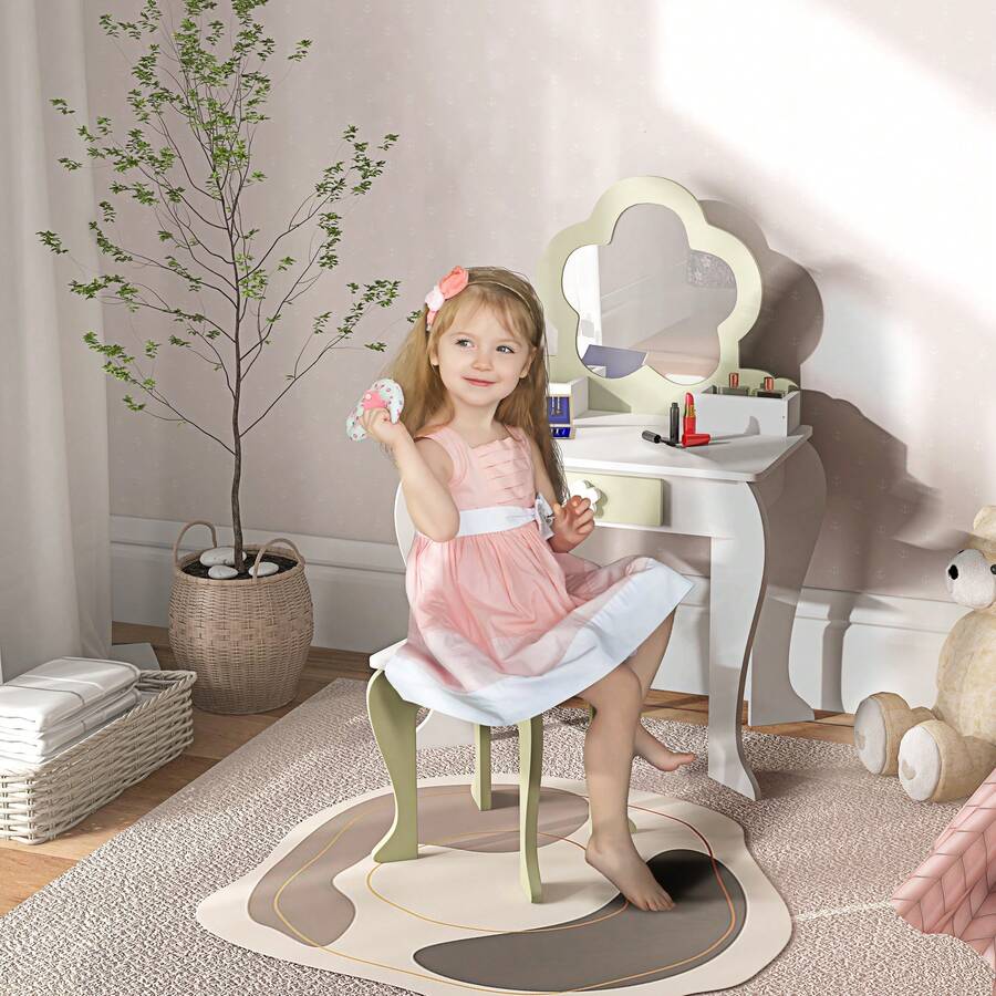 ZONEKIZ Dressing Table With Mirror And Stool, Kids Vanity Table, Girls Makeup Table With Drawer, Storage Boxes, Beauty Flower Design, For Ages 3-6 Years - White - White - View 1