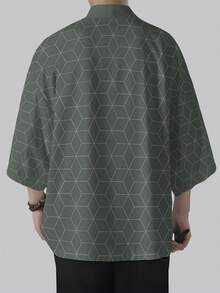 Cárdigan kimono casual holgado con estampado geométrico de estilo chino para hombres - Verde Oscuro - Ver 3