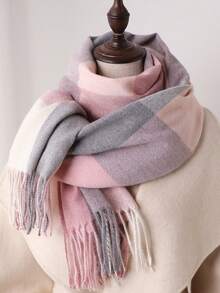1pc Fall Winter Women Elegant Vintage Multi Color Plaid Stripe Faux Cashmere Scarf/Shawl,With Tassels,Unisex Winter Warm Casual Thick Style Neck Scarf For Dress - Pink - View 1