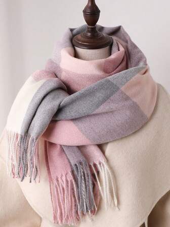 1pc Fall Winter Women Elegant Vintage Multi Color Plaid Stripe Faux Cashmere Scarf/Shawl,With Tassels,Unisex Winter Warm Casual Thick Style Neck Scarf For Dress