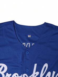 Men's #42 Blue Brooklyn Baseball Jersey - Short - Sleeve Button - Down Fit, Classic Letter & Number Embroidery, Blue - White - Red Contrast, Ideal For Daily & Training - 四十二 藍色 - 查看 3