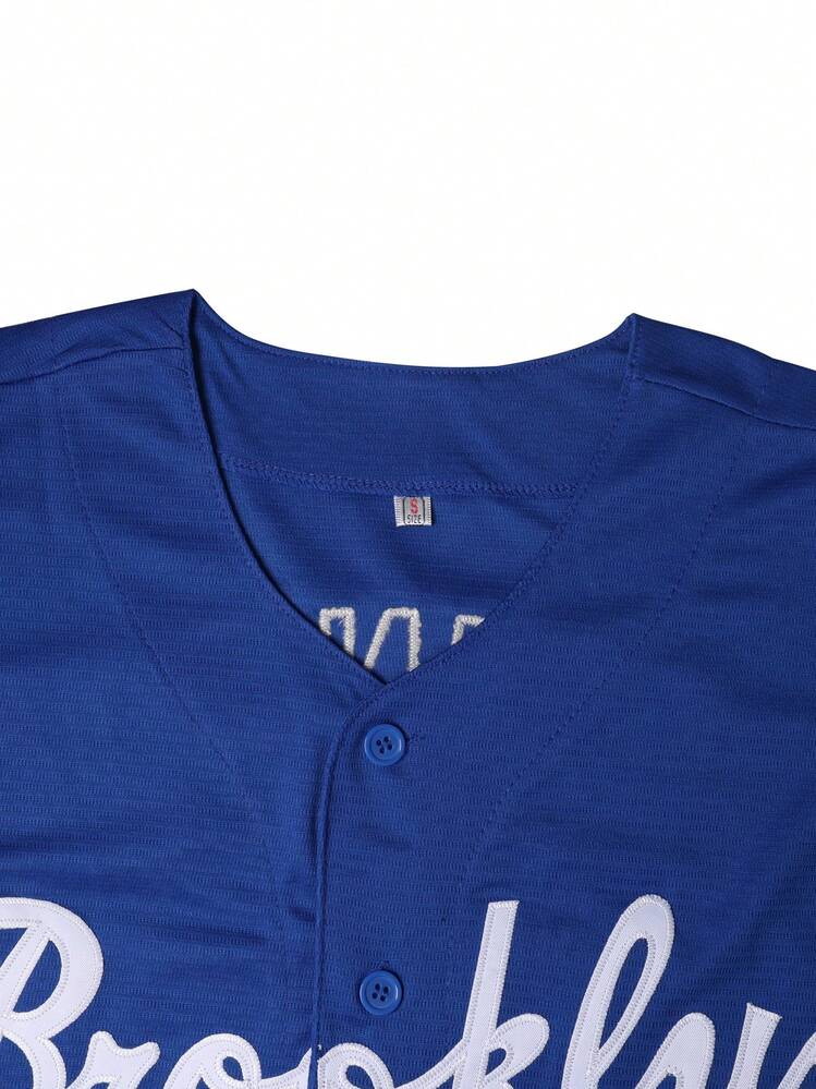 Men's #42 Blue Brooklyn Baseball Jersey - Short - Sleeve Button - Down Fit, Classic Letter & Number Embroidery, Blue - White - Red Contrast, Ideal For Daily & Training - 42 Xanh lam - Xem 3