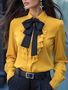 Camisa de mujer de manga larga con detalle de volantes y lazo - unicolor, manga larga, diseño con botones delanteros, adecuada para ir a trabajar y uso casual, camisa casual | Blusa elegante | Detalle de volantes y lazo