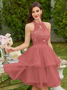 MIUSOL Sequin Floral Lace Halter Neck Ruffle Layered Hem Mesh Prom Party Swing Dress,Summer Dress,Wedding Guest Dress,For Graduation,Homecoming - Dusty Pink - View 7