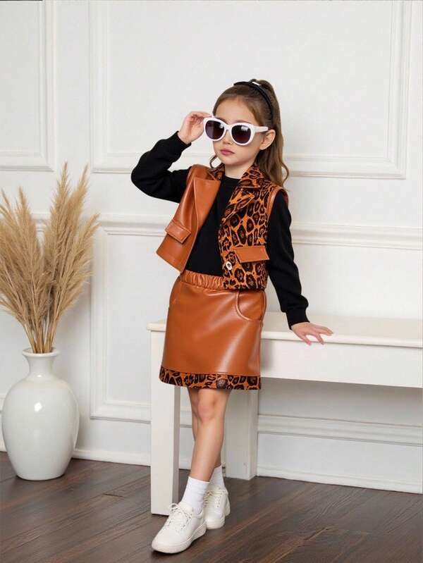 3pcs Girls Leopard Print Patchwork Vest With Lapel, Paired With Ribbed Turtleneck Long Sleeve Top And Faux Leather Skirt, Fashionable Outfit Set For Spring/Autumn