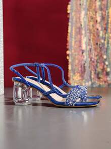 Fashionable Women's Blue Rhinestone Snake Wrap Ankle Strap Sandals, Square Toe Open Toe Transparent Crystal Chunky High Heel Shoes, Evening Wedding Party Shoes - Blue - View 8