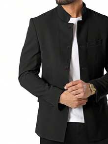 Mens Casual Suit Blazer Jackets Stand Mandarin Collar Lightweight Lined Sport Coats Business Coats - 黑色 - 查看 2
