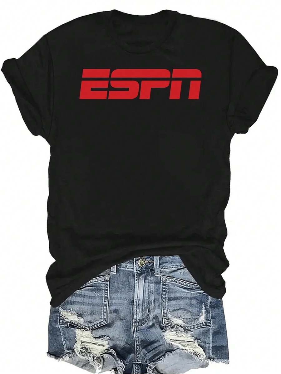Camiseta con logo de ESPN, unisex, de verano, casual, transpirable, de personalidad, de cuello redondo, de manga corta, ropa de calle, versátil, adecuada para adolescentes y adultos - Negro - Ver 1