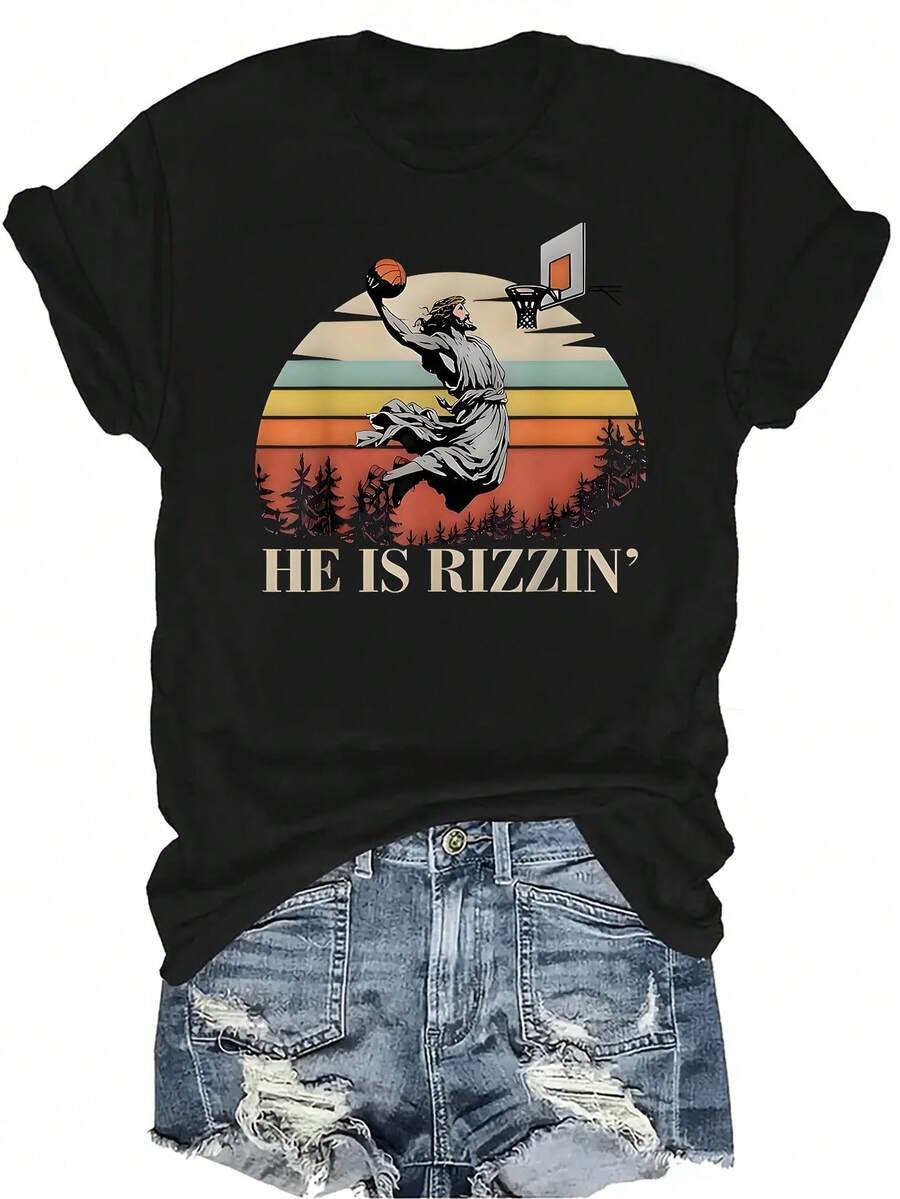 Camiseta "Él está resucitando, Jesús jugando al baloncesto" para mujer y unisex, de verano, casual, transpirable, con personalidad, cuello redondo, manga corta, ropa de calle, versátil, adecuada para adolescentes y adultos - Negro - Ver 1