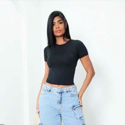 JUSTINHA Babyy Tee Feminina - Blusa Slim Fit Manga Curta - Blusa de Compressão