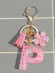 1pc Pink Sequin Letter Keychain Resin Pendant Keyring With Flower Tassel Decoration, Suitable For Women, Friends, Classmates As A Decoration, Fashionable And Creative Design Birthday Accessory, Bag Charm, Women's Fashion Jewelry, Metal Keychain, Creative Christmas Gift Ideas Bag Charms Car Accessories Teacher Sister - Pink - View 22
