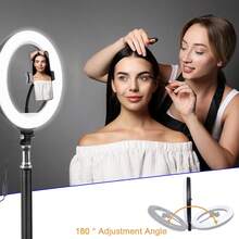 这款10英寸LED自拍环形灯套装包含一个43英寸可调节高度的三脚架和两个通用手机夹。它配备可调节亮度旋钮，并采用USB供电。非常适合化妆、视频录制和万圣节派对直播。这款通用稳定器支持DIY环形灯，并兼容各种相机。适用于摄影、视频录制、直播、Zoom会议、Vlog等场景。 - 黑色 - 查看 7