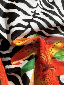 1 套女式斑马花卉印花吊带比基尼泳装，两件套露背系带时尚休闲沙滩泳装 - 橘色 - 查看 7