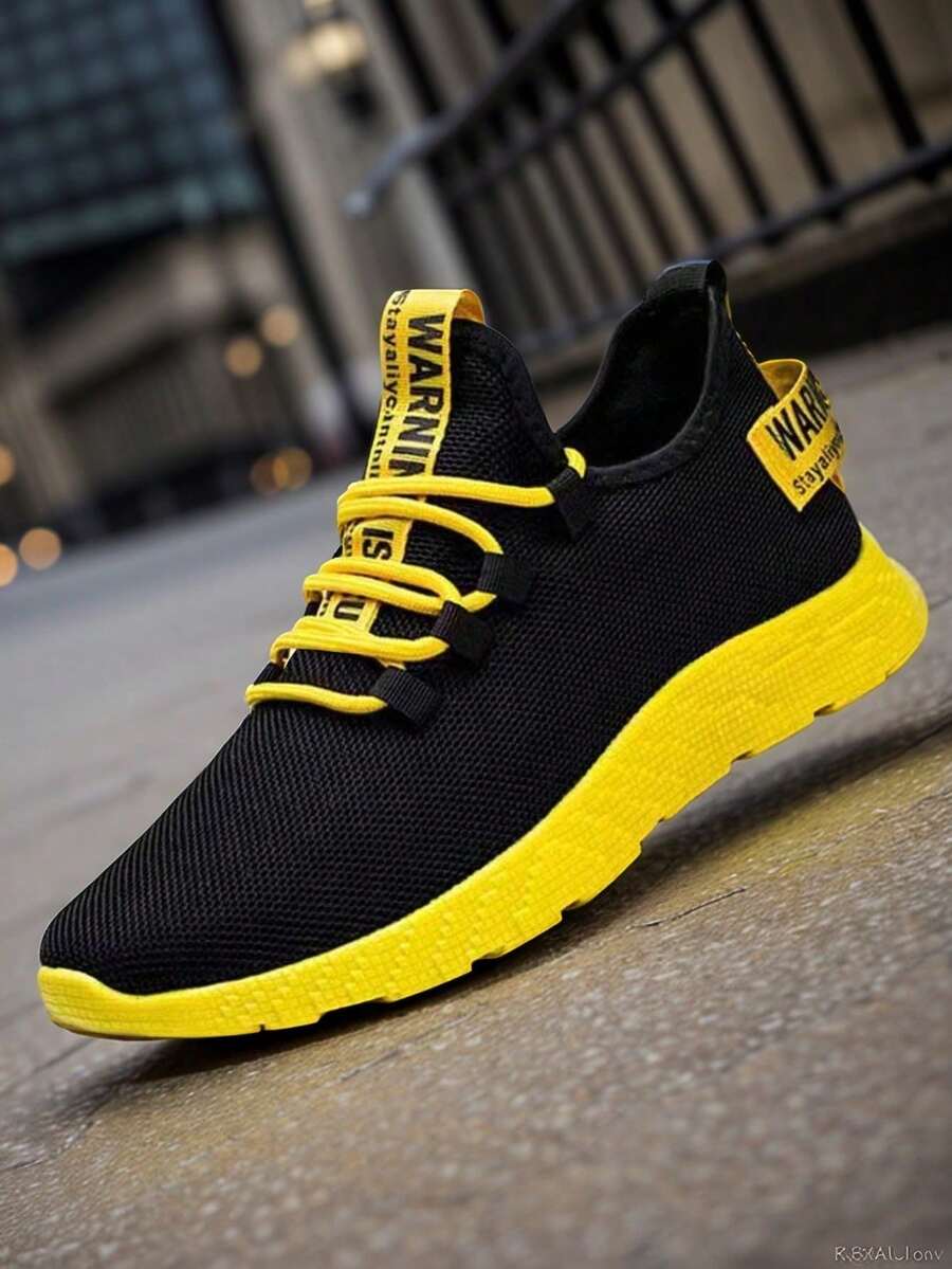 1 Pair Men's Lightweight Elastic Breathable Running Shoes With Decorative Buckled Laces Front Lace-Up Sneakers, Random/Asymmetrical Side Strap Pattern - Yellow - View 1
