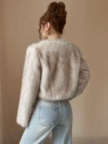 Elegante Damen Kunstfell Kurze Jacke mit langen regulären Ärmeln, Stehkragen und charmanter Schleife vorne