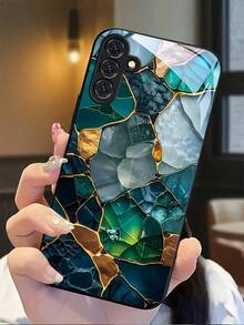 Blue, Green And Other Colored Stone - Pattern Fragments Spliced With Golden Lines High-Quality Tempered Glass Craftsmanship Phone Case. Suitable For Compatible With Samsung Galaxy S20/21/22/23/24/25 Ultra/FE+,S10/10E+,NOTE9.20,20ULTRA,A71/56/55/54/53/52/51/36/35/34/32/26/25/24/26/16/15/14/06/05/05S/03S, As Well As, Compatible With IPhone17,17Air,17pro,17pro Max,16, 15, 14, 13, 12, 11, PRO MAX, As Well As,PLUS,Is A Thoughtful Birthday Gift For Girlfriend, Boyfriend And Friends - 彩色 - 查看 3
