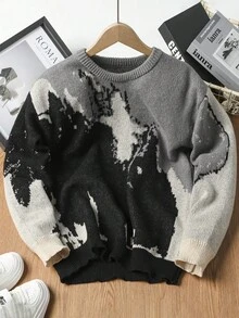 1 件青少年男孩圆领长袖图案细节简约套头毛衣，休闲日常穿着 - 黑色 - 查看 1