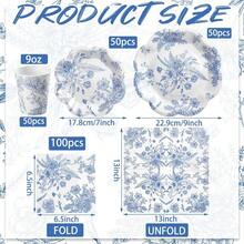 250 Pcs Blue Floral Disposable Plates And Napkins Blue And White Floral Paper Tableware Set For 50 Guests Paper Plates Napkins Cups For Wedding Bridal Shower Party Supplies - 藍色 - 查看 2