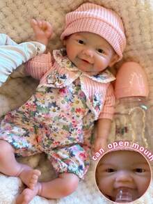 1个逼真硅胶重生女婴娃娃，13英寸全软硅胶重生婴儿娃娃，张嘴，防水，解剖结构精准，触感柔软，3D彩绘浅米色，血管清晰可见，可作为家庭收藏礼物或纪念品 - 彩色 - 查看 4