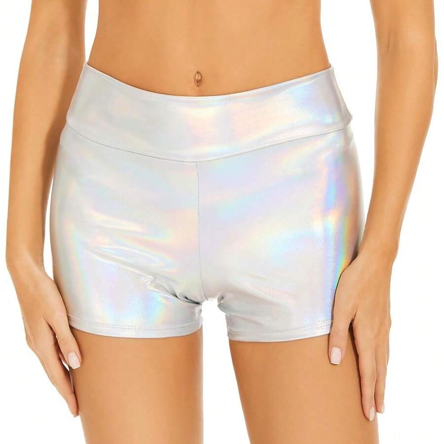 DhogSuai Glitzer Shorts Damen Metallic Kurze Hose Sexy Pants Elastische Taille Hotpants Reflektierende Micro Shorts Rave Outfit Karneval Kostüm (01-Blue, S