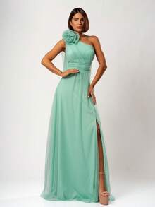 LONG WEDDING PARTY DRESS FOR GODMOTHER IN TULLE WITH FLOWER ON THE SHOULDER - MINT GREEN - View 1
