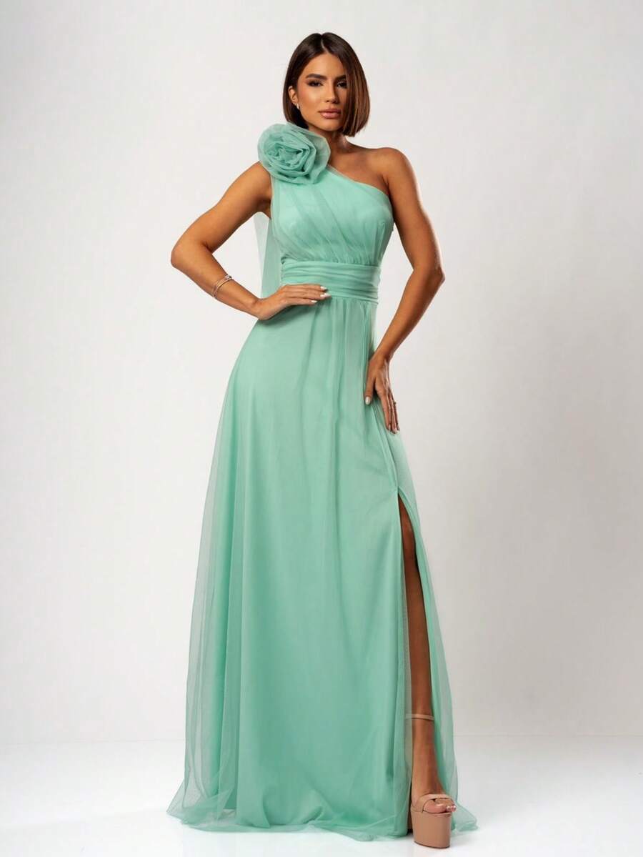LONG WEDDING PARTY DRESS FOR GODMOTHER IN TULLE WITH FLOWER ON THE SHOULDER - MINT GREEN - View 1