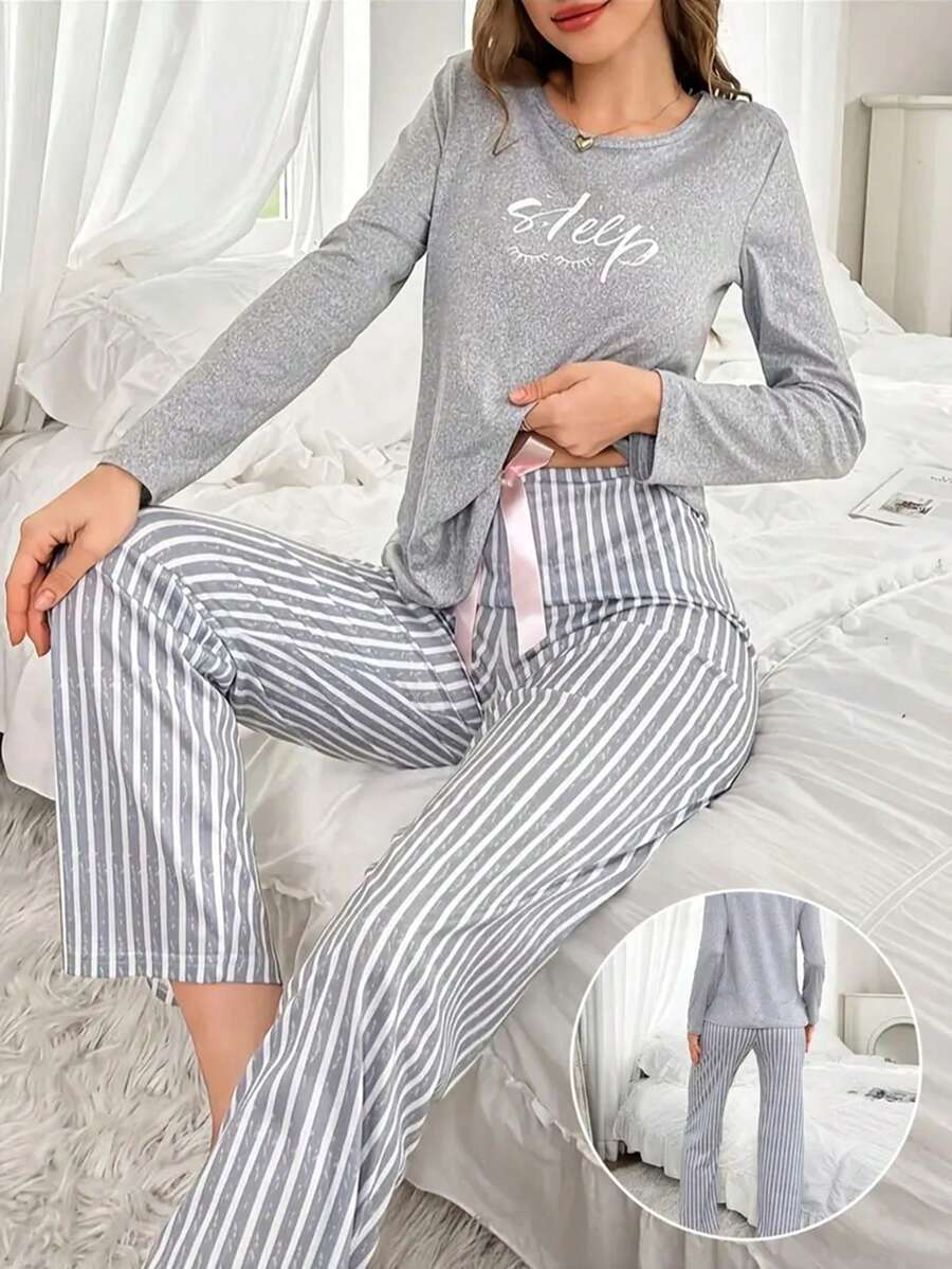 Gray Printed Long Sleeve Top & Pants Pajama Set For Women, Fall Winter Clothes - Grey - View 1