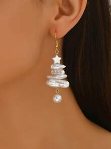 2pcs Elegant Pearl Christmas Tree & Star Design Earrings, Baroque Pearl Style, Versatile For All Occasions, Holiday Gift Choice - Multicolor - View 3