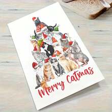 1pc Amusing Cat - Themed Xmas Card, "Merry Catmas" Festive Message, Paper Craft, Ideal For Family & Feline Fans, Quirky Christmas Decoration, Includes Envelope - Multicolor - View 9