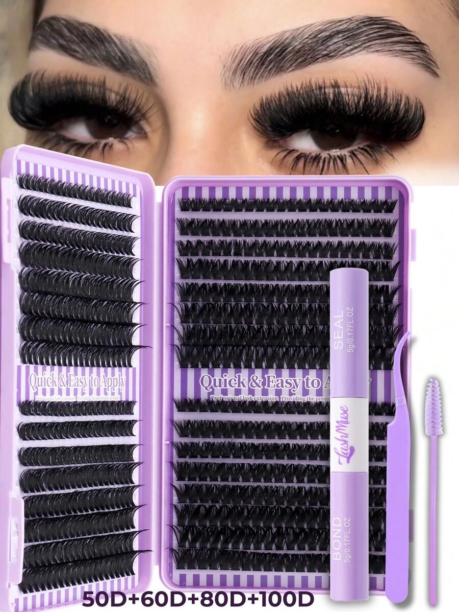 640pcs Eyelash Kit Individual Lashes Cluster, Mix Length 50D 60D 80D 100D With Lash Bond And Seal, Tweezers & Brush For Beginners DIY At Home, Exquisite Gift Set, Beautiful Gift, Valentine's Day Gifts, Perfect For Party & Holiday Makeup - Màu tím - Xem 1