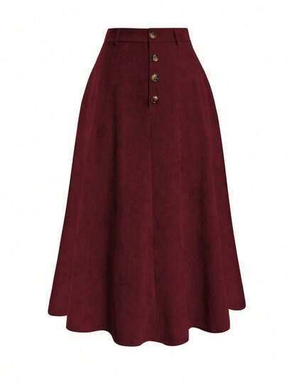 女士复古灯芯绒高腰A字裙，松紧腰纽扣设计，春季款