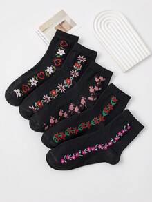 5 Pairs Elegant Women Floral Jacquard Mid-Calf Socks, Vintage Style Socks Suitable For Mothers & Grandmothers, Comfortable Soft Breathable Loose Design, Suitable For Daily, Casual, Sports Wear, All Seasons - Multicolor - View 3
