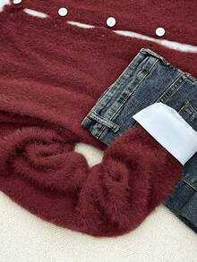 Autumn And Winter Elegant Casual Fashion Warm Sweater, Plush Yarn Texture Imitation Mink Feel Comfortable, Shell Buckle Round Neck Long Sleeve Knitted Sweater Cardigan,Fall Clothes For Women, Winter Clothes For Women,Fall Tops,Work/Office, Business Casual Woman