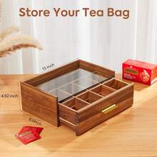 Acacia Wood Tea Bag Organizer, Tea Box With Storage Drawer, 8 Compartments Tea Organizer Tea Bags With Glass Window, Coffee Pods And Tea Organizer Holder Countertop, Tea Station Chest Display2025 - Clear-2 - View 9
