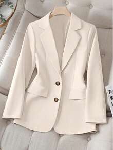 Women's Elegant Beige Casual Blazer Jacket - Double-Breasted Design, Suitable For Office, Casual Outings And Commuting, Spring/Autumn