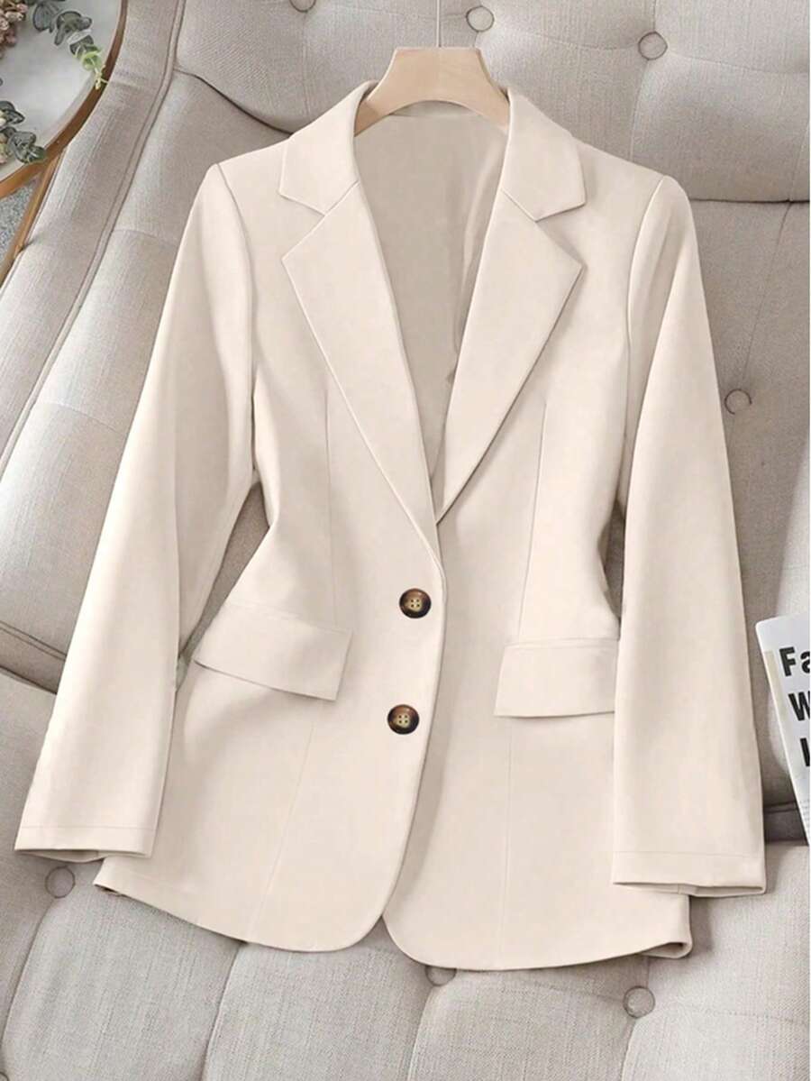 Women's Elegant Beige Casual Blazer Jacket - Double-Breasted Design, Suitable For Office, Casual Outings And Commuting, Spring/Autumn