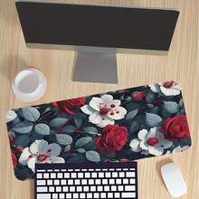 1pc Red Mouse Pad With Green Leaves, 35.4x15.Inches - Non-Slip Rubber Base, Smooth Surface Office & Home Use, Valentine'S Day Women, Home Office Accessory |   Floral Desk Decor |   Durable Desk, Mouse Pads Desk - 黑色 - 查看 12