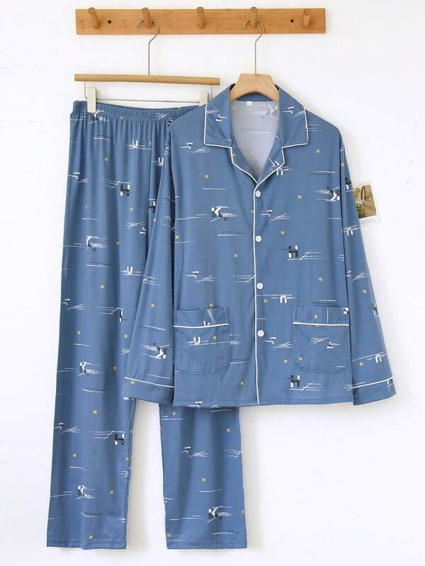 2 Peças Conjunto de Pijama Masculino - Camisa de Manga Longa e Calça Reta - Roupa de Descanso Confortável Adequada para Uso Casual ao Ar Livre, Roupas de Outono e Inverno