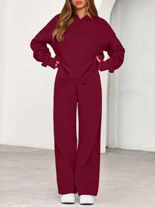 Womens Sweatsuits 2 Piece Set Casual Winter Long Sleeve Hoodie Loose Wide Leg Sweatpants Fall Tracksuit Spring Fall Clothes For Women Valentine Vacation Outfits Women - 酒紅色 - 查看 4