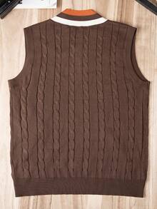 男士学院风拼接麻花针织V领毛衣背心，秋冬款 - 棕色 - 查看 5