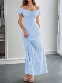 PoPoHouse 女士优雅连衣裙，纯色波西米亚度假风，低领露肩设计，后背系带细节，打造休闲宽松的沙滩裙造型，适合春夏及各种场合。 - 藍色 - 查看 6