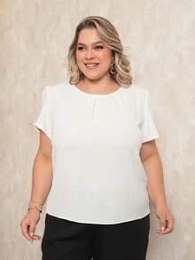 ONLYONE - PLUS SIZE WOMEN'S BLOUSE, SHORT SLEEVE, PRINCESS, PLEATES, LIGHT DUNES NECKLINE - ELEGANT WOMEN'S BLOUSES, LARGE - White - View 1